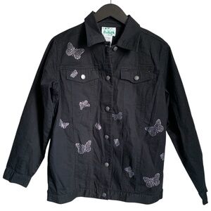 NWT The Quacker Factory Women's Black Denim Jacket with Bling Butterflies NEW